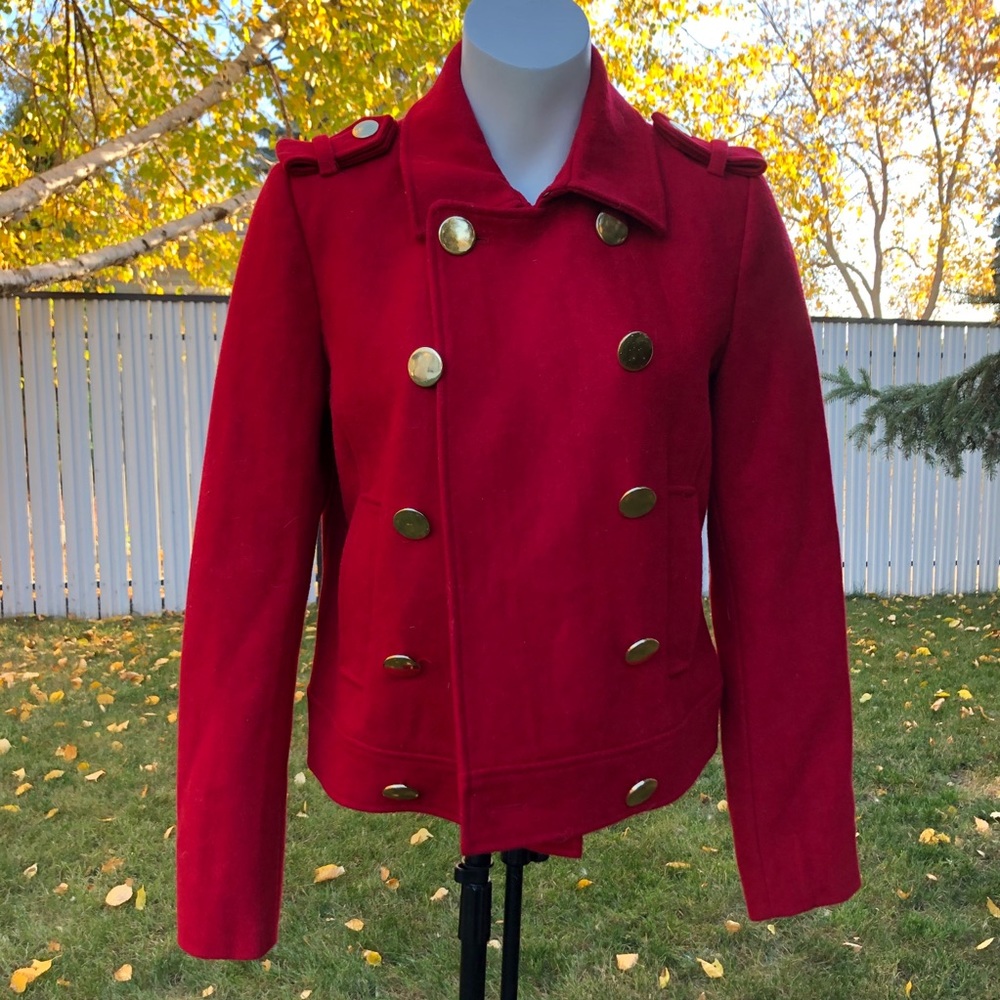 Joe Fresh Red Pea Coat with Gold Buttons